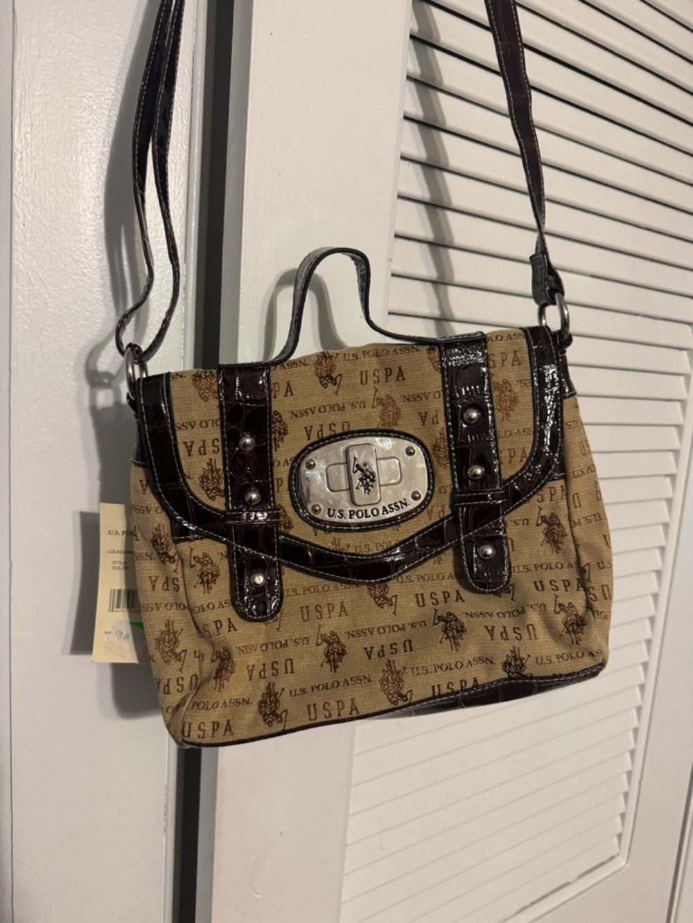 U.S. Polo Assn. Beige Canvas Shoulder Bag with Dark Brown Trim
